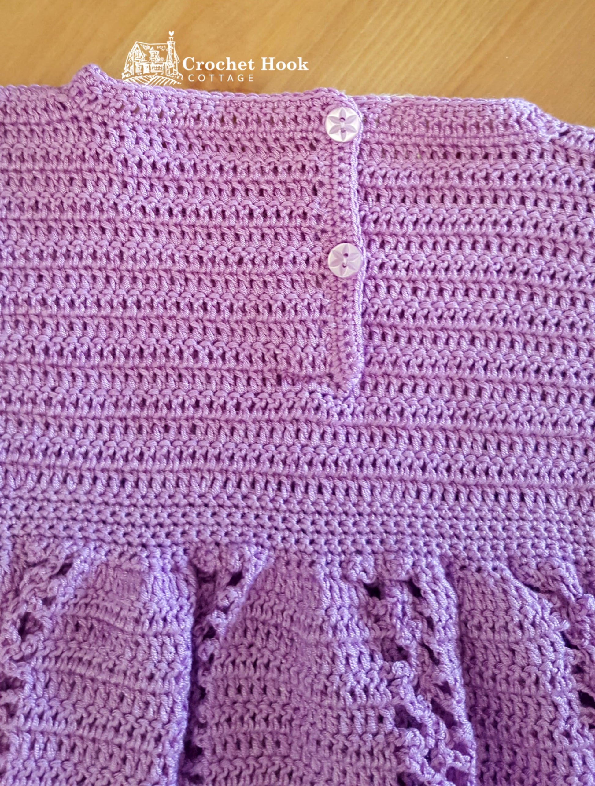 Close up of the back fastening and buttons for the Lilac Sally Toddlers Dress fits ages 12-18 months - www.crochethookcottage.com