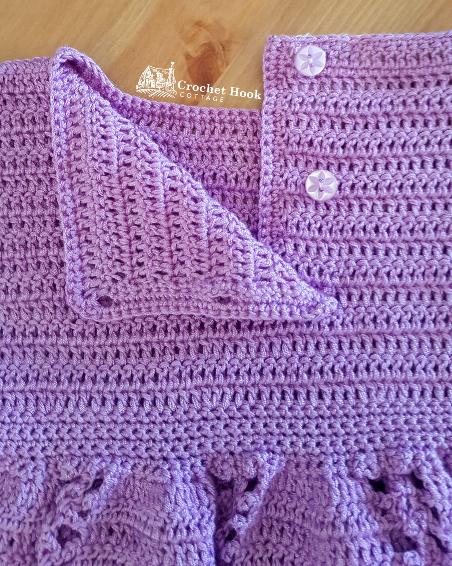 Close up of the back fastening of the Lilac Sally Toddlers Dress that fits ages 12 to 18 months - www.crochethookcottage.com