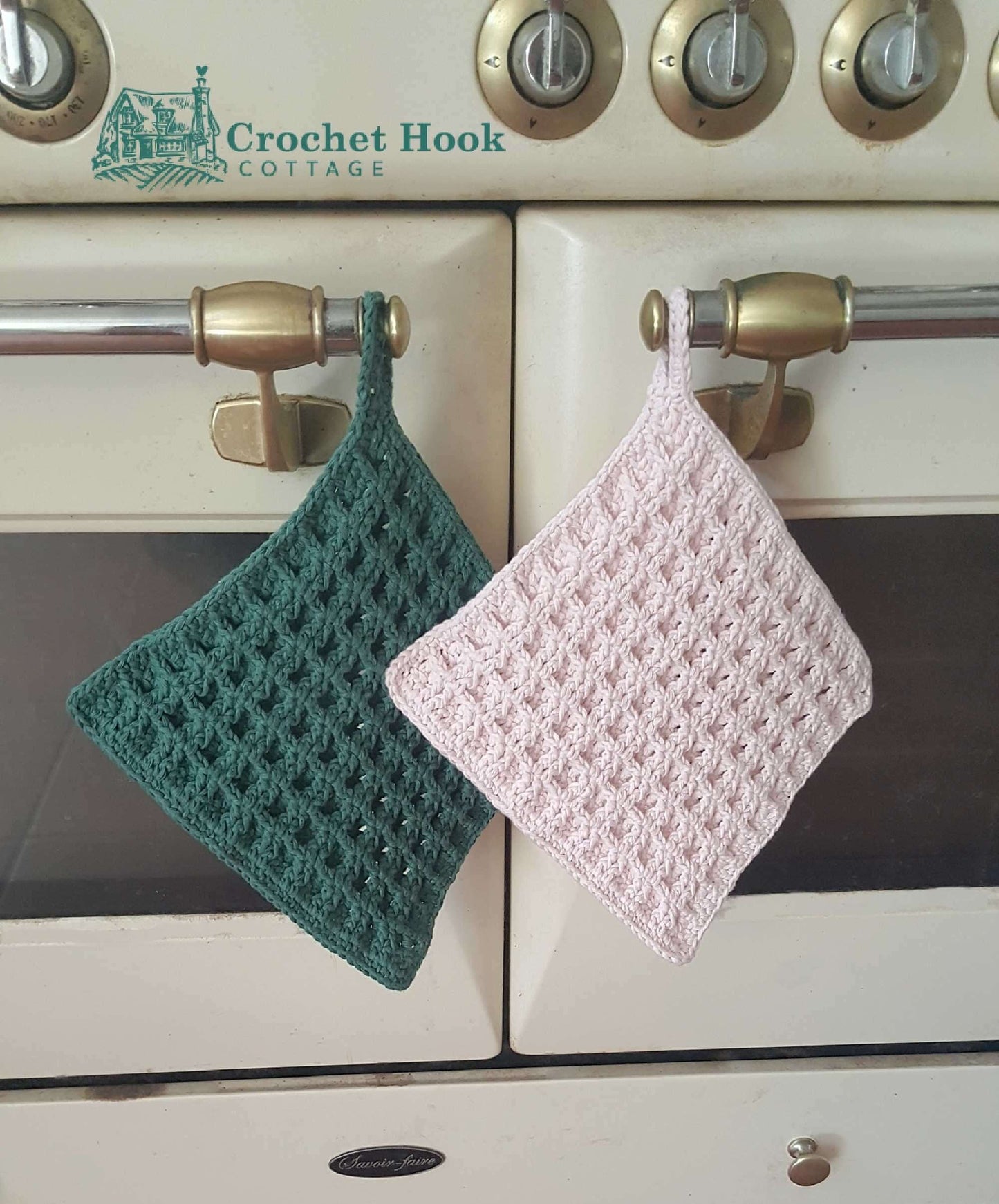 Crocheted Potholders in a basketweave pattern, cotton potholders, green potholder, pink potholder