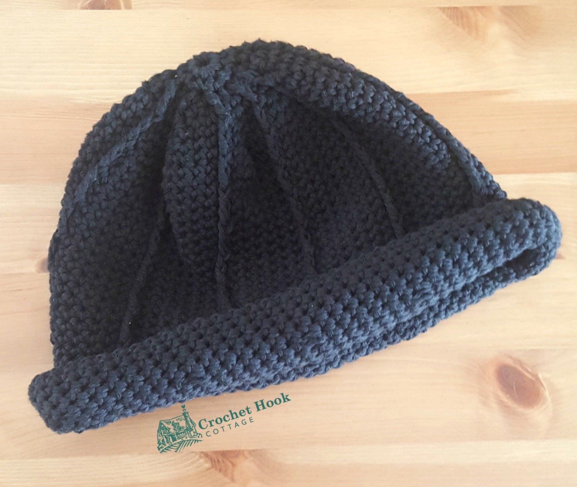 Black Rolled Brim Slouchy Beanie, 2 styles in 1 convertible crocheted beanie, view of rolled brim style - www.crochethookcottage.com