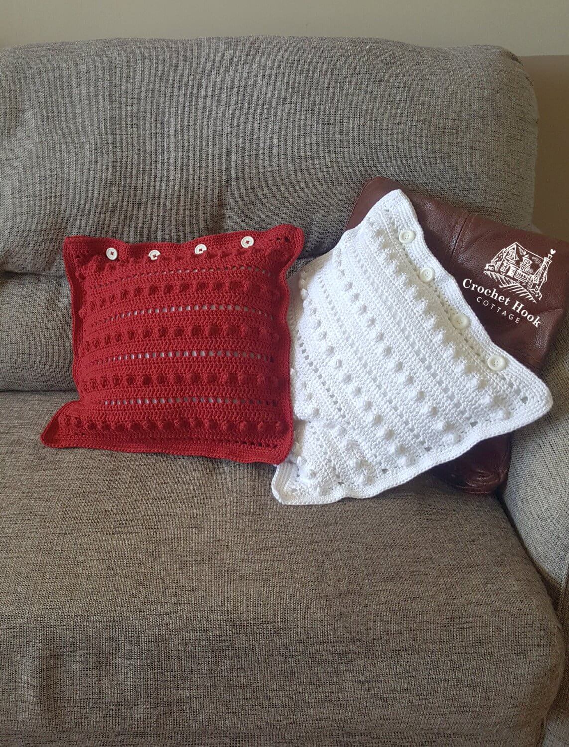 Christmas Red Cotton Cushion Cover "String of Pearls" - www.crochethookcottage.com