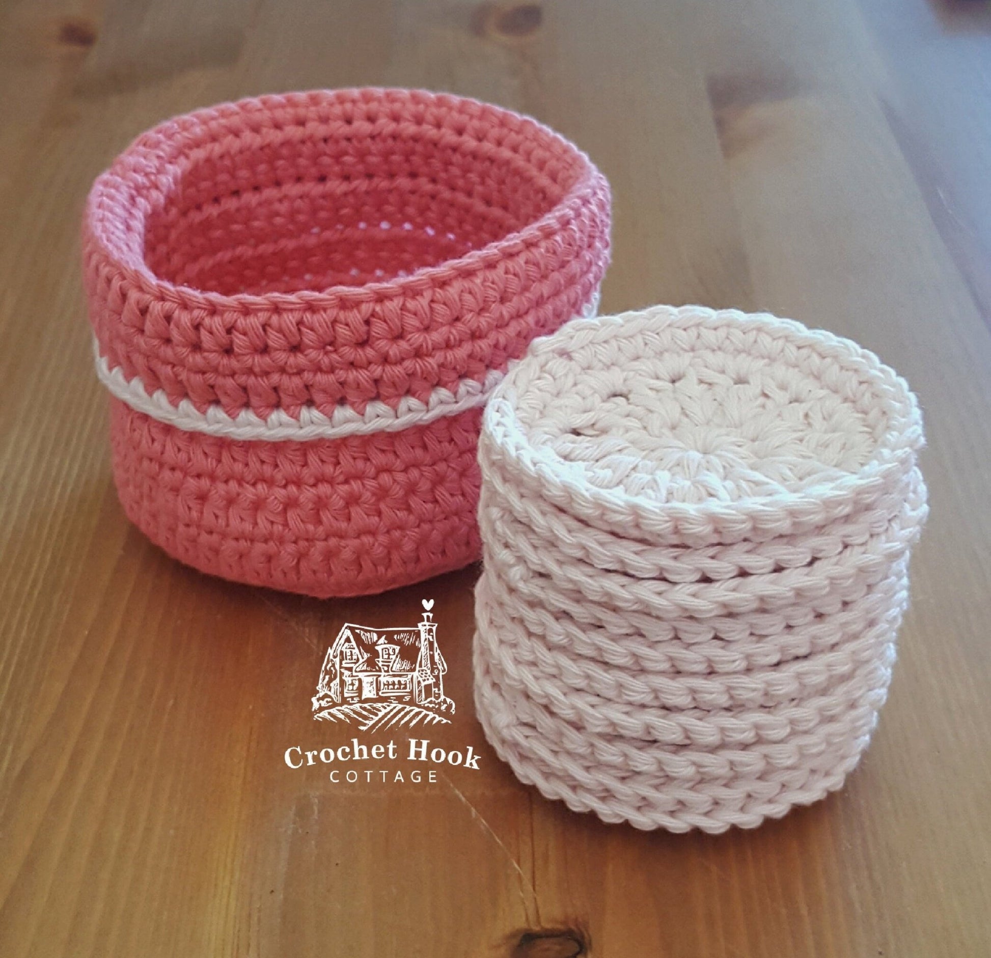 Crocheted cotton set of 10 light pink Reusable Face Scrubbies & raspberry pink soft Basket - www.crochethookcottage.com