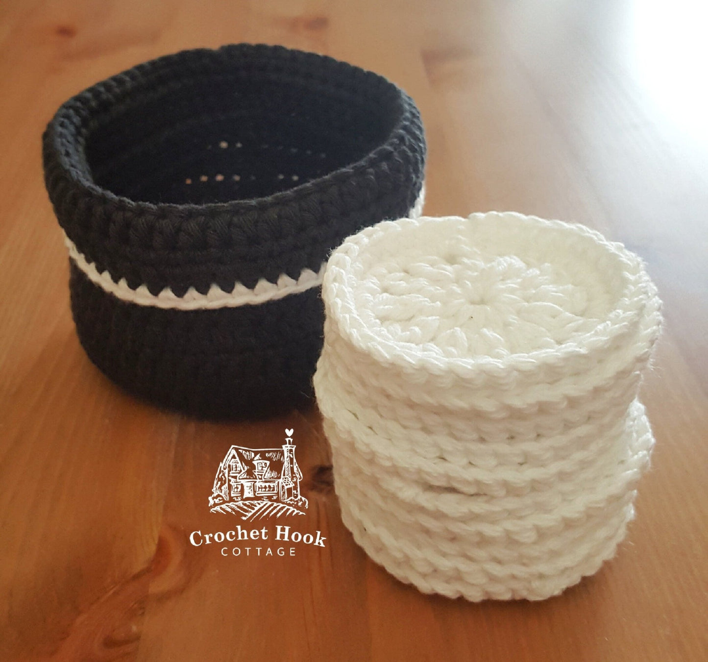 crocheted cotton 10 white Reusable Face Scrubbies with black soft Basket Set - www.crochethookcottage.com