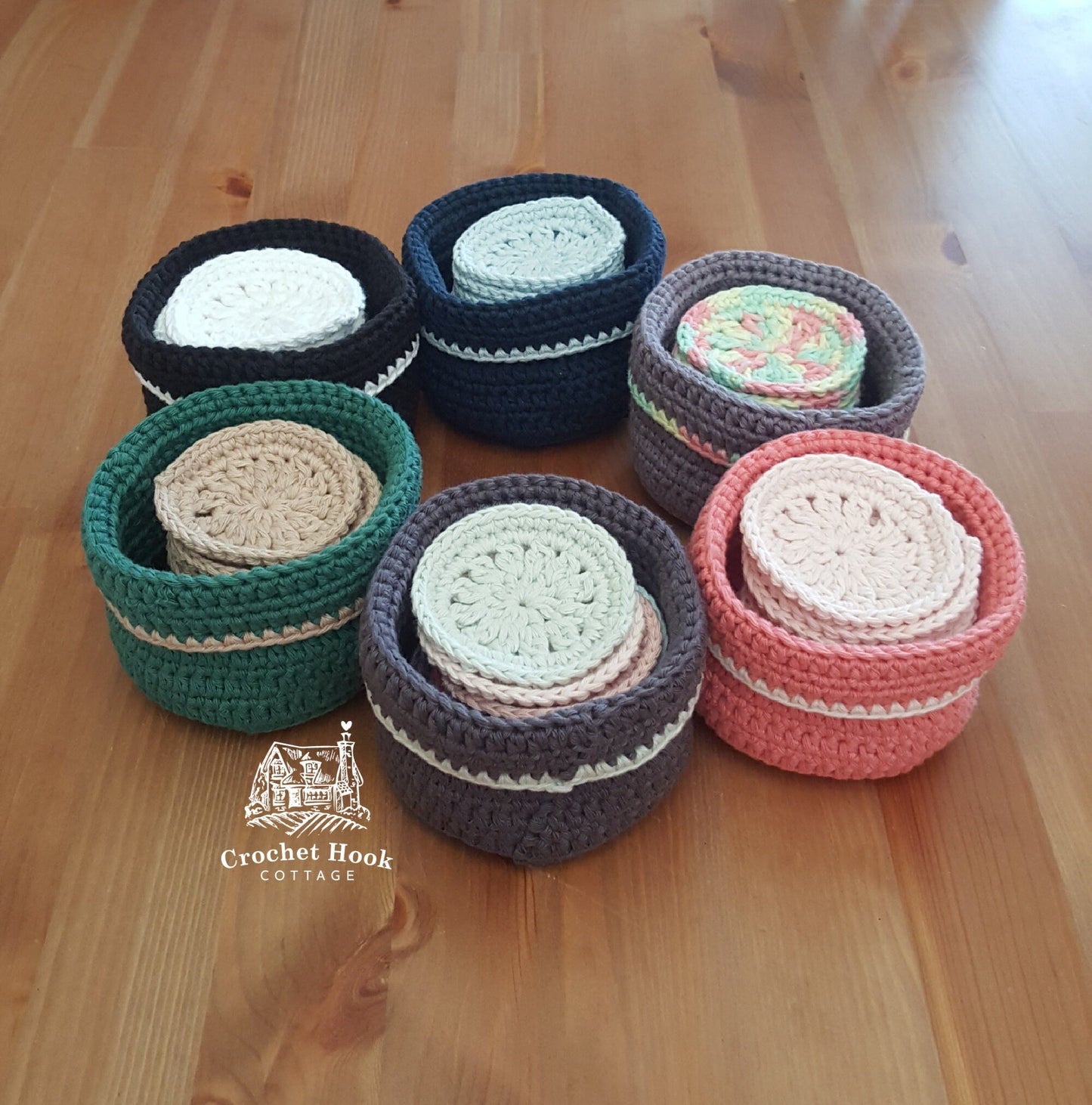 All six available color selections for the crocheted cotton 10 Reusable Face Scrubbies & soft Basket Sets, with the scrubbies nested in each basket - www.crochethookcottage.com