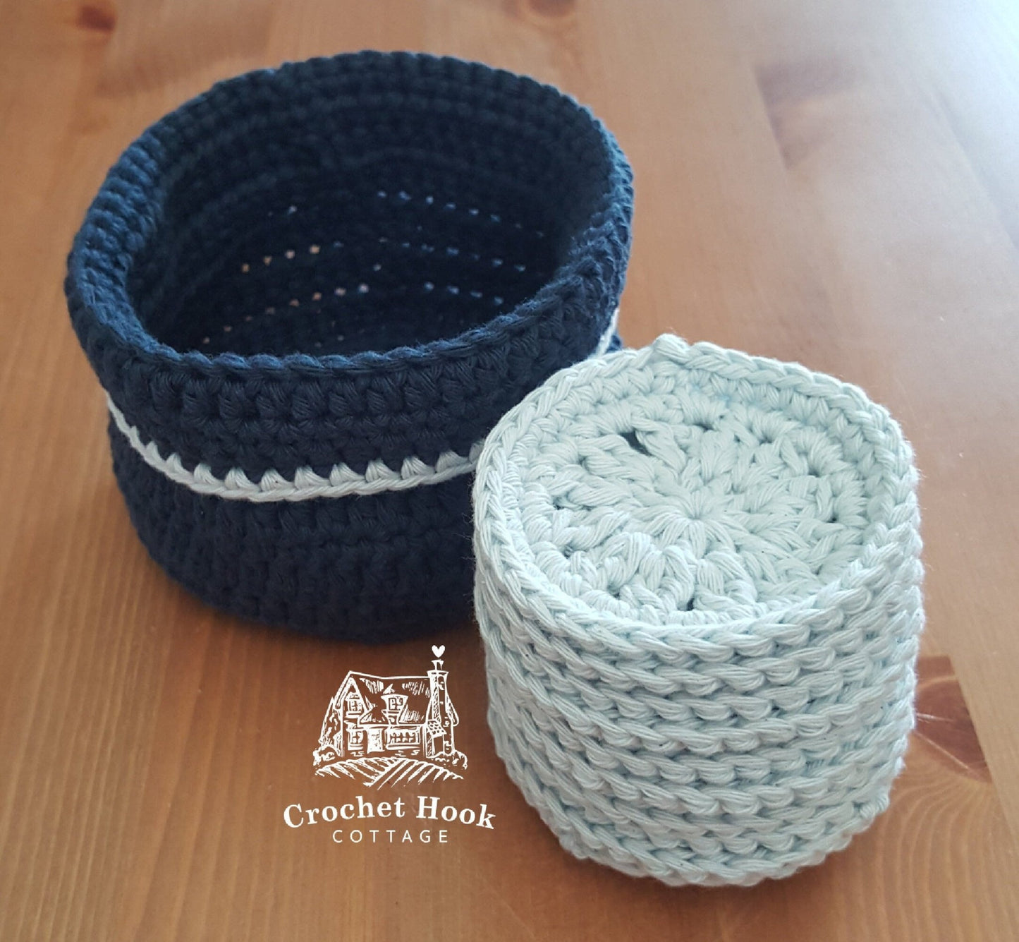 Crocheted cotton Reusable 10 light blue Face Scrubbies & dark blue Basket Set - www.crochethookcottage.com