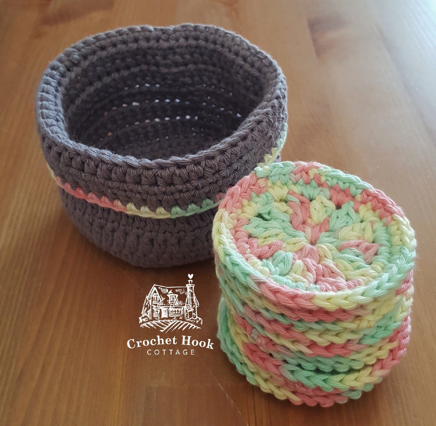 Crocheted 10 unicorn colored cotton Reusable Face Scrubbies & soft charcoal grey Basket Set - www.crochethookcottage.com