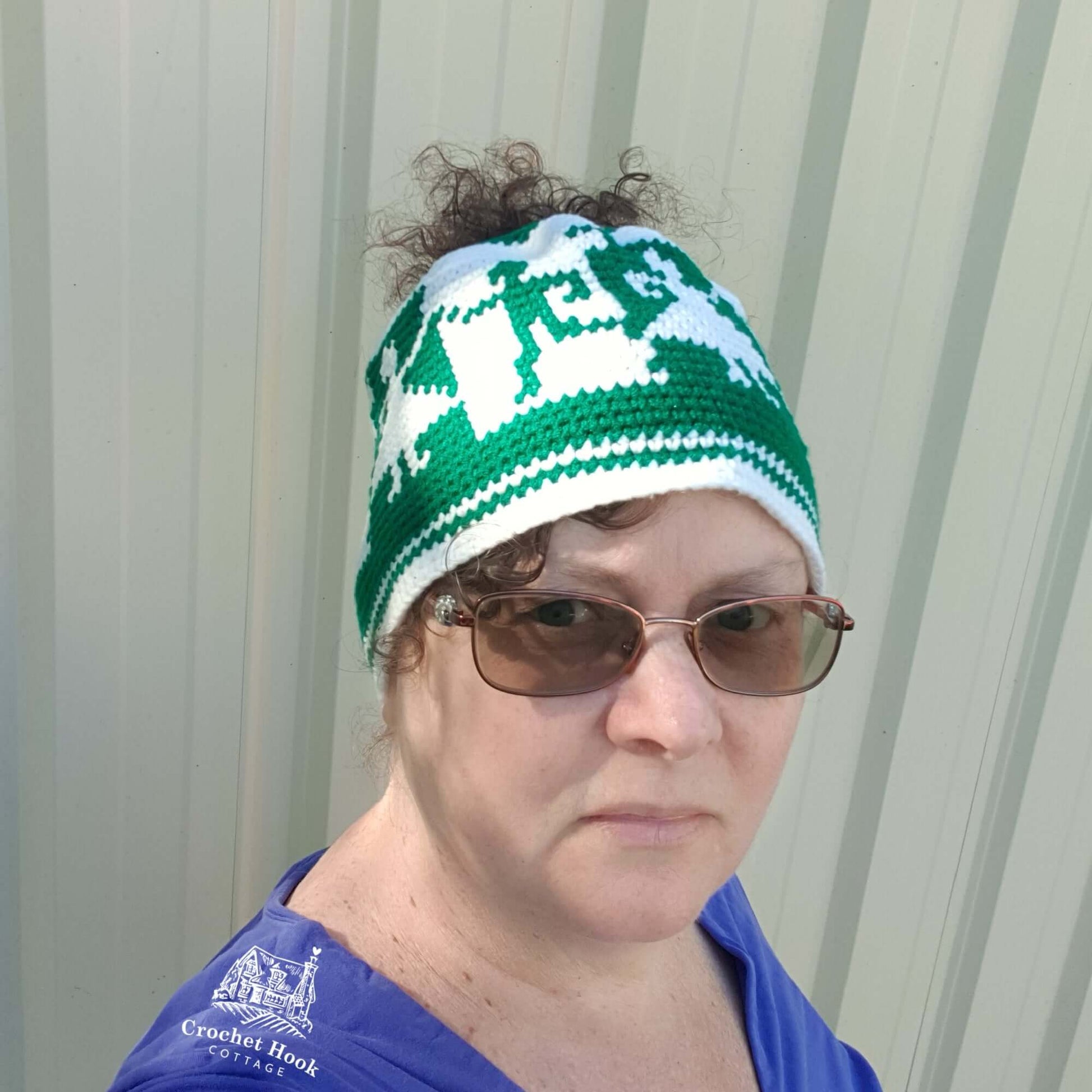 Emerald Green & Off-White Messy Bun Character Beanie - www.crochethookcottage.com