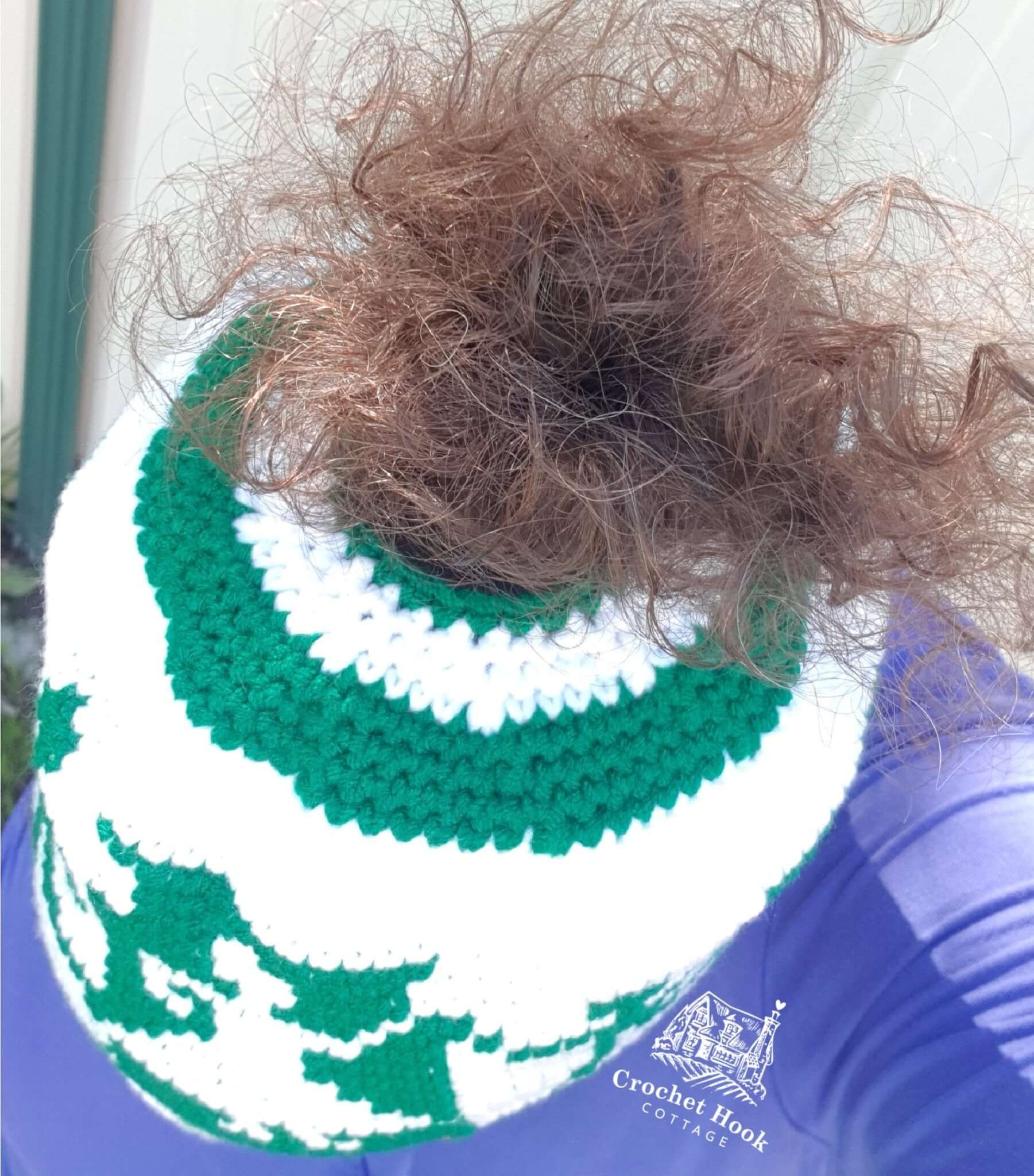 Emerald Green & Off-White Messy Bun Character Beanie - www.crochethookcottage.com