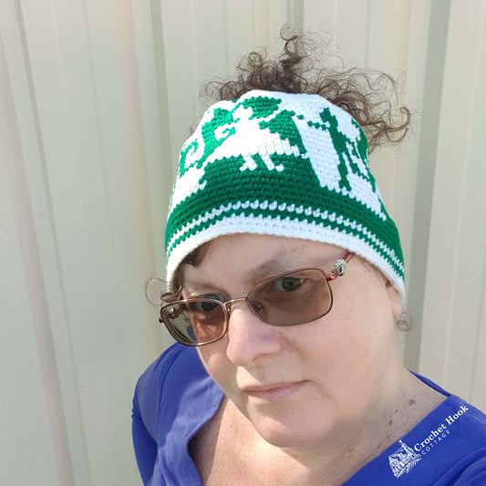 Emerald Green & Off-White Messy Bun Character Beanie - www.crochethookcottage.com