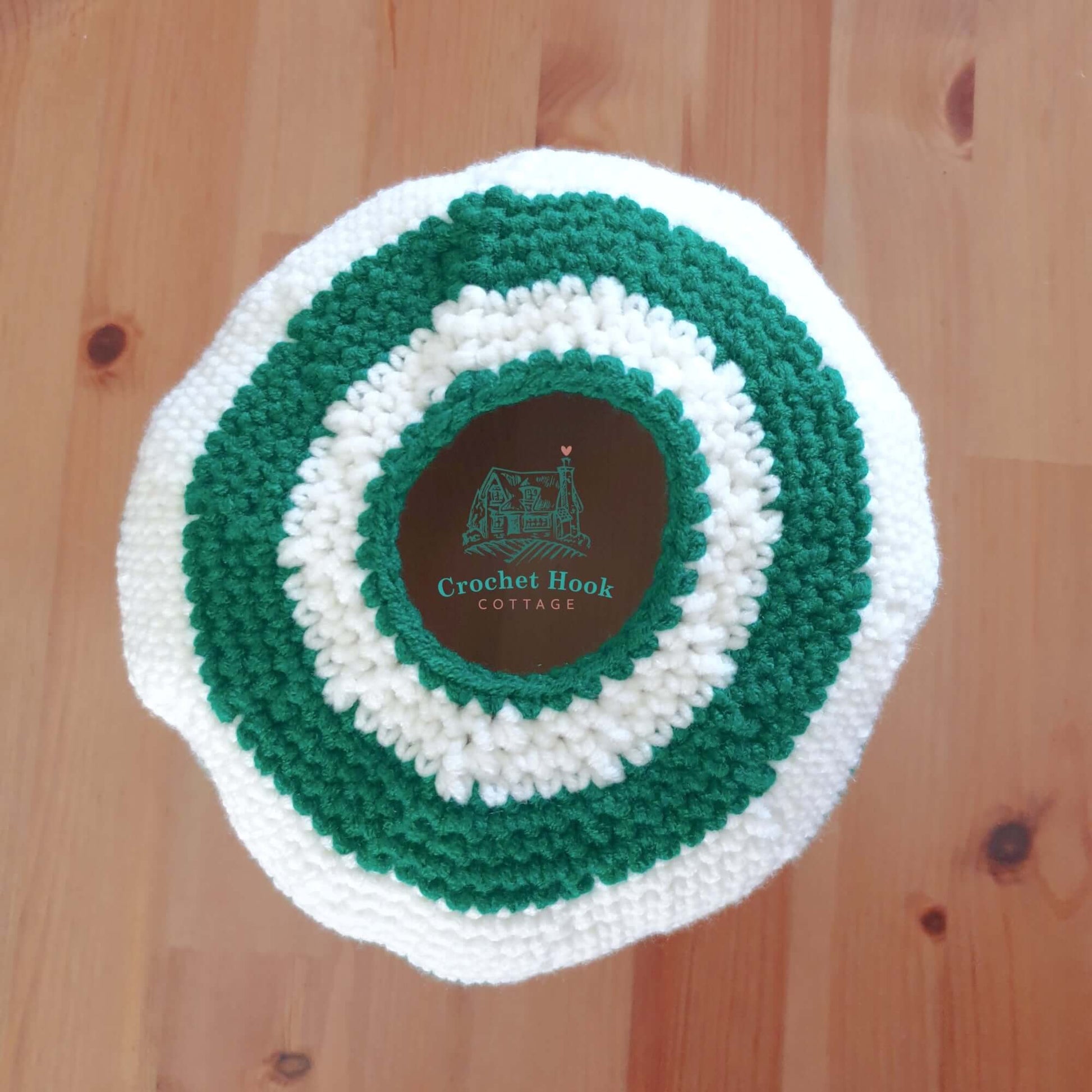 Emerald Green & Off-White Messy Bun Character Beanie - www.crochethookcottage.com