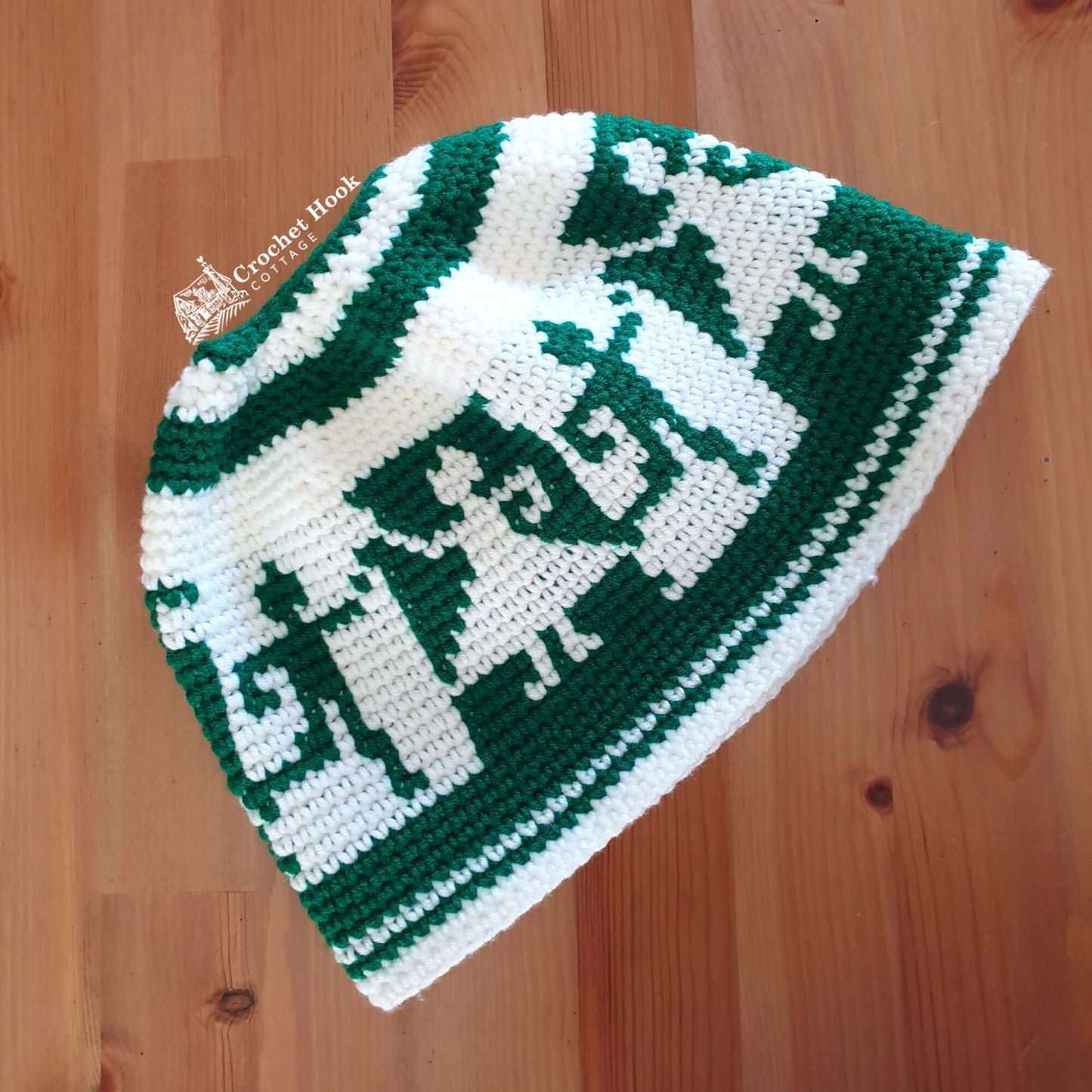 Emerald Green & Off-White Messy Bun Character Beanie - www.crochethookcottage.com