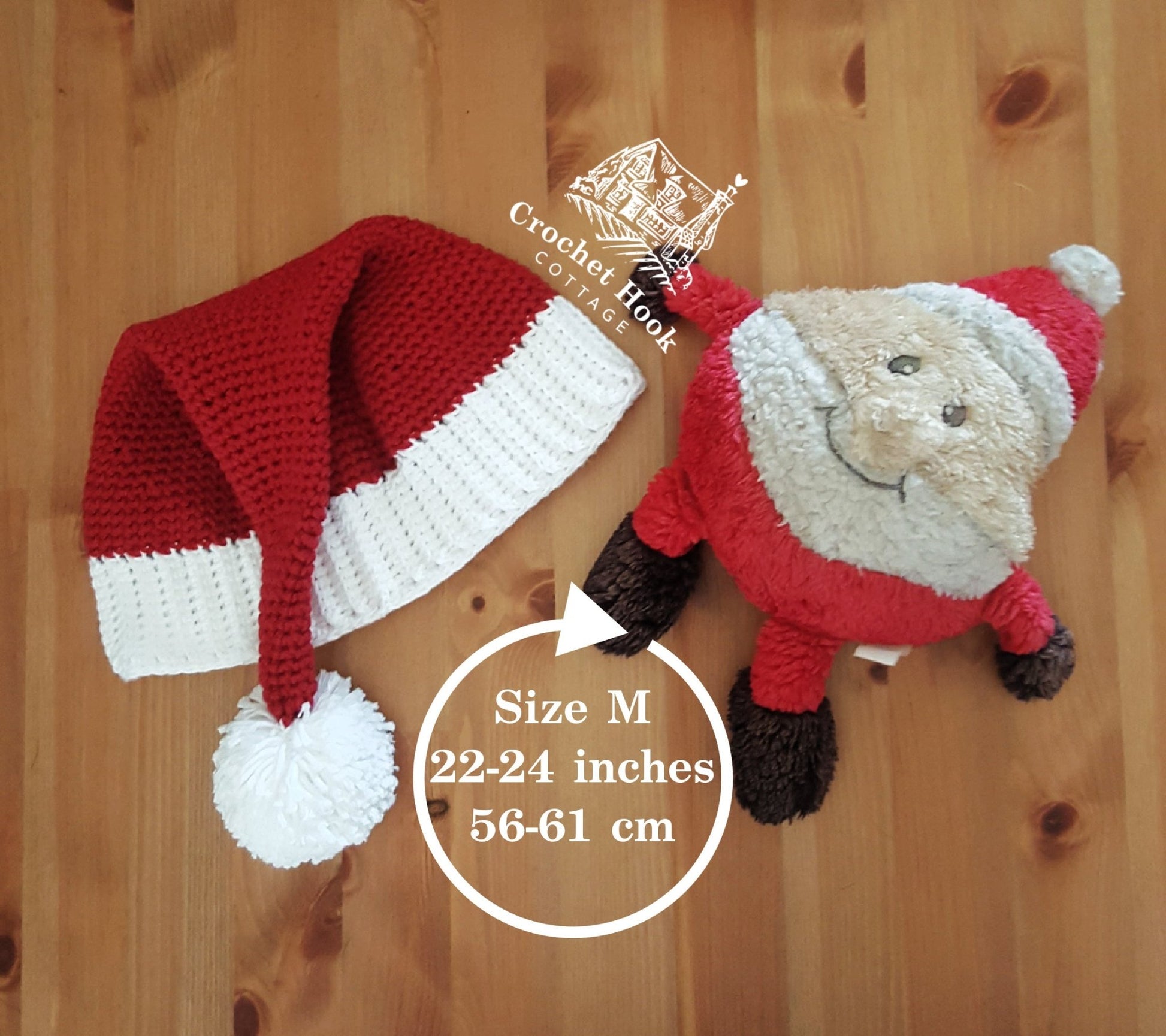 crocheted cotton red and white santa hat Size adult medium, handmade christmas hat - www.crochethookcottage.com