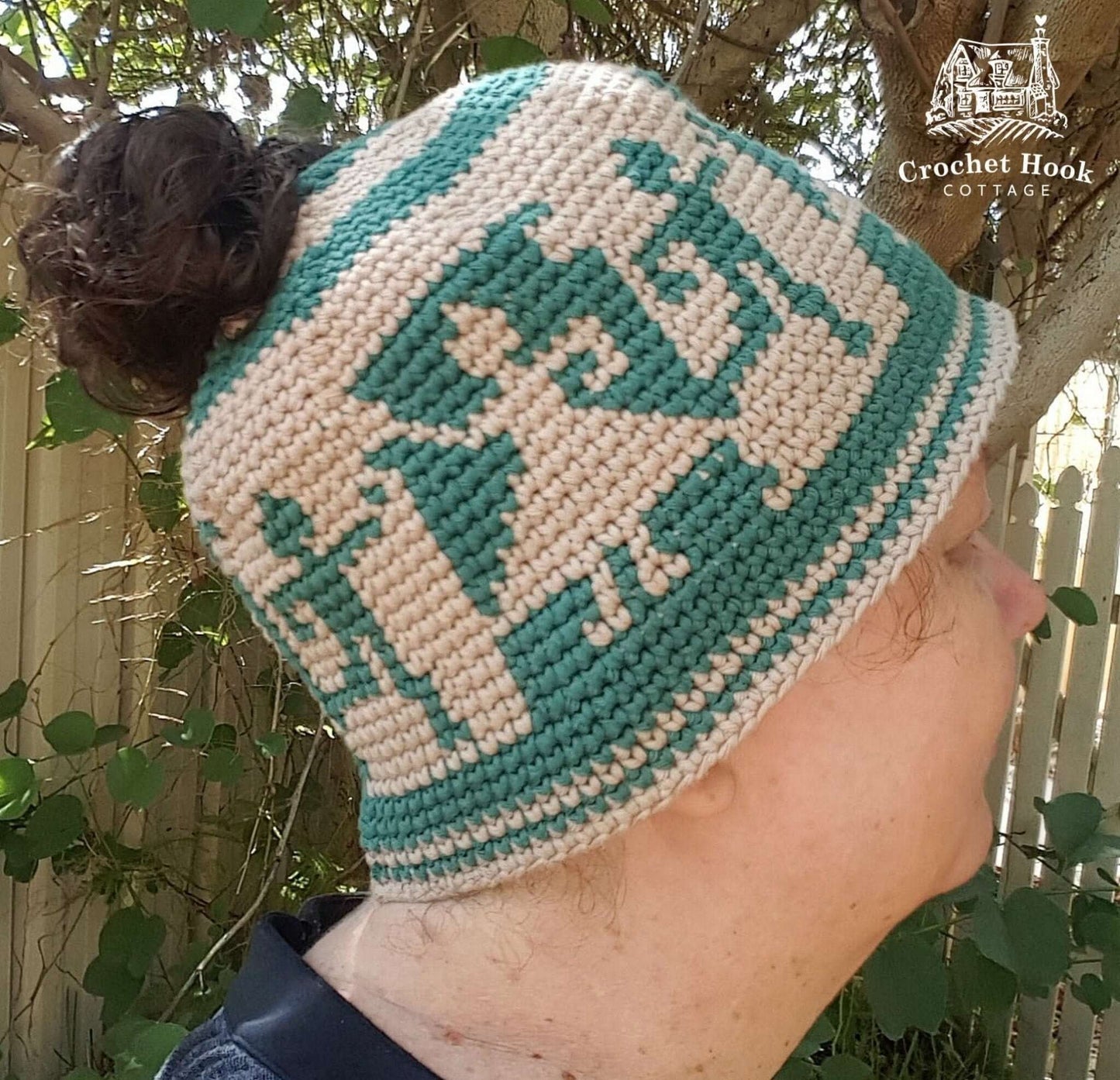 Green & Beige Messy Bun Character Beanie - www.crochethookcottage.com