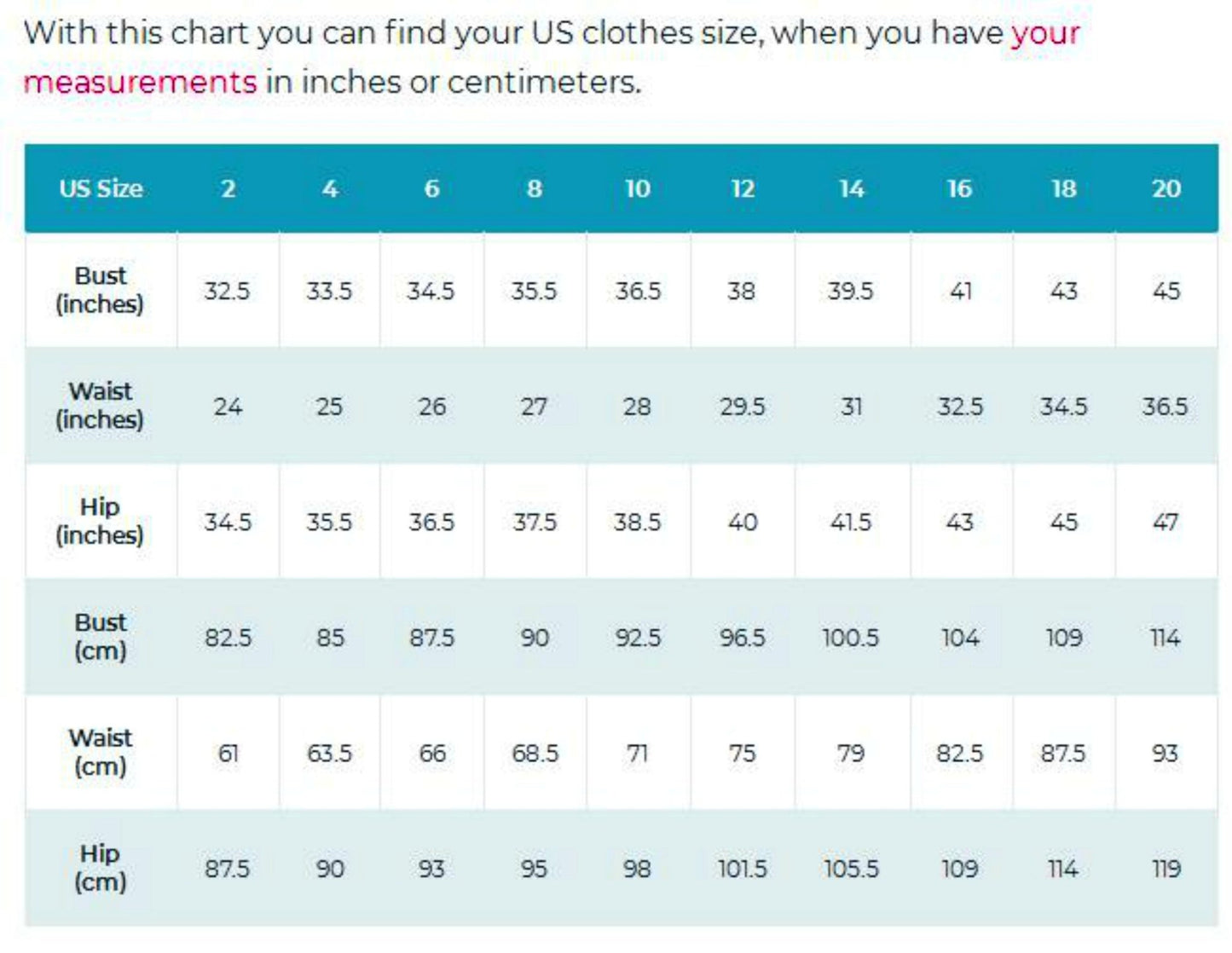 US ladies clothes sizing chart - www.crochethookcottage.com