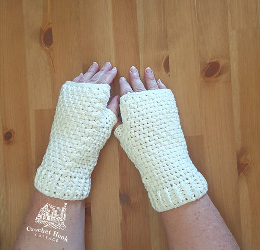 Off-White Fingerless Gloves - www.crochethookcottage.com