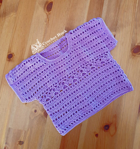 Front view of the Purple Cuddles Baby Shirt, fits babies 6 to 12 months old - www.crochethookcottage.com