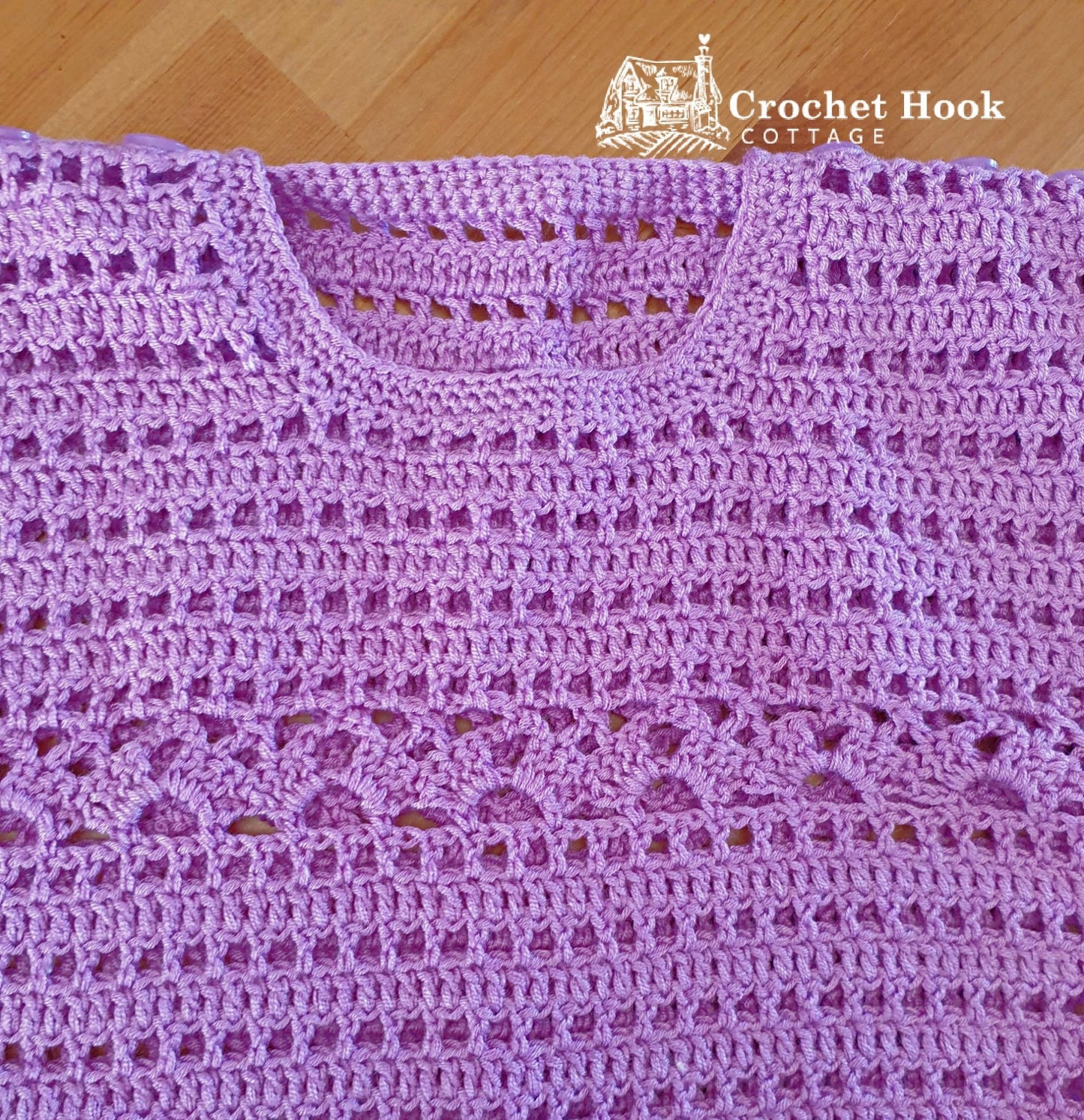 neckline of the Purple Cuddles Baby Shirt, fits babies 6 to 12 months old - www.crochethookcottage.com