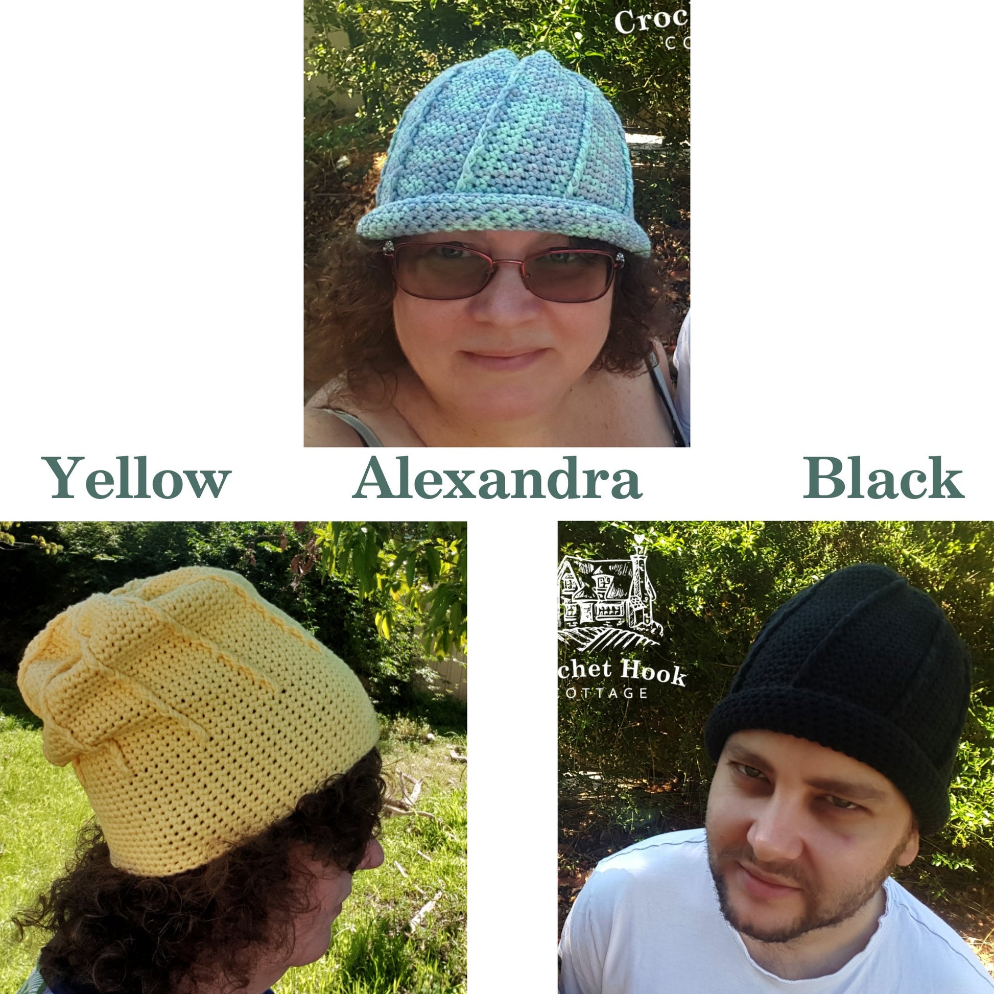 Three people wearing the Rolled Brim Slouchy Beanie, 2 styles in 1 convertible beanie, one wearing it in yellow slouchy style, and two wearing it with rolled brim, one wearing a black beanie, the other a Alexandra colored beanie - www.crochethookcottage.com