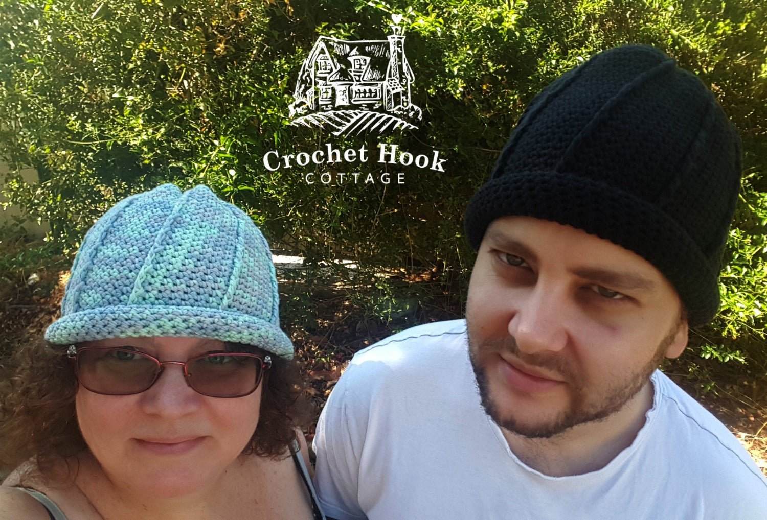 two people wearing the Rolled Brim Slouchy Beanie, 2 styles in 1 convertible beanie, one wearing the Alexcandra colour, the other wearing a black beanie - www.crochethookcottage.com