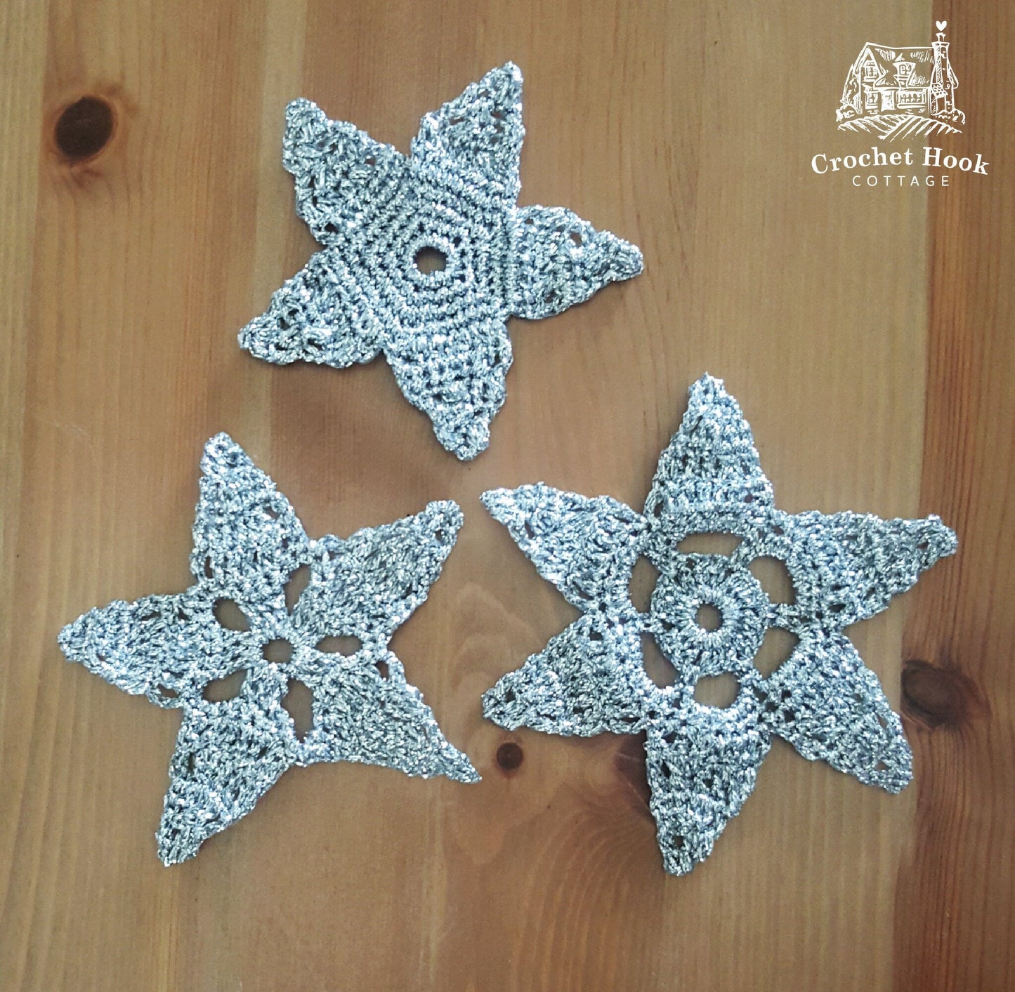 Set of 3 Christmas Stars - Metallic Gold or Silver - www.crochethookcottage.com