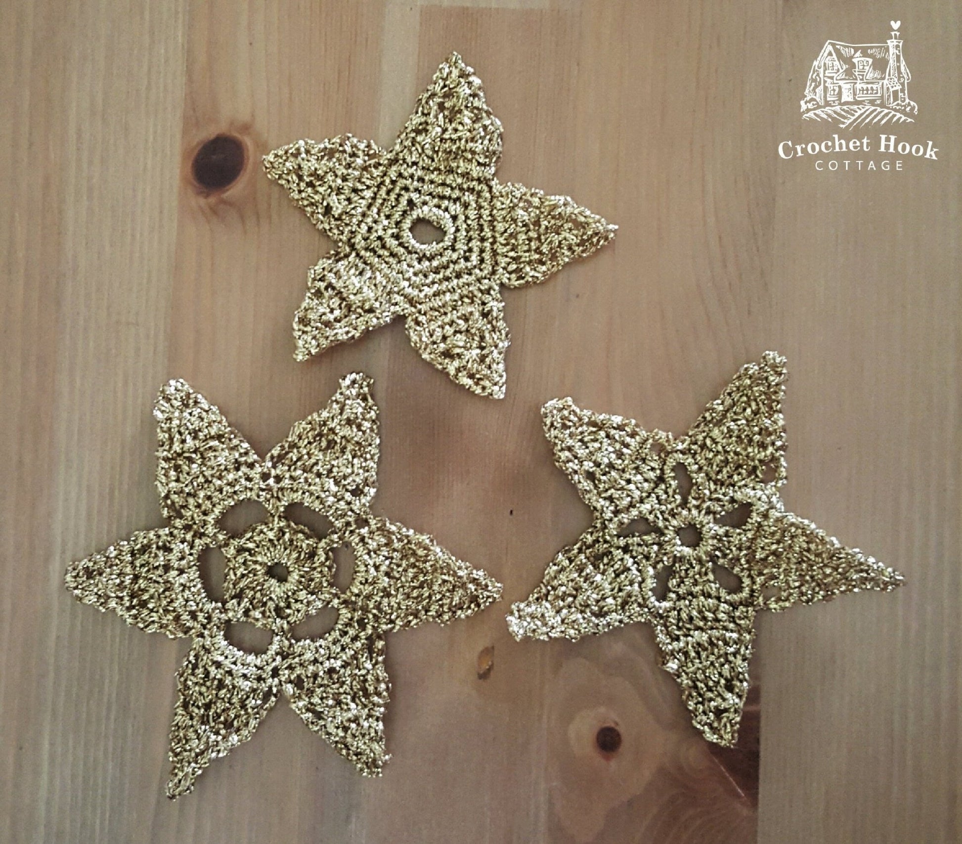 Set of 3 Christmas Stars - Metallic Gold or Silver - www.crochethookcottage.com