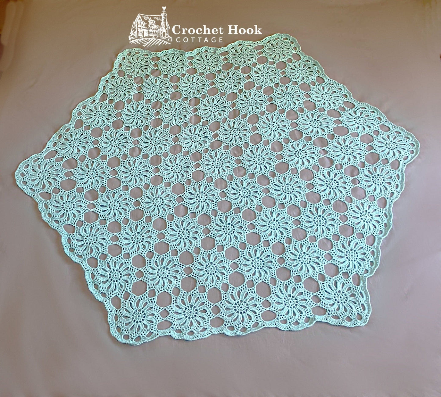 Wheels of Fortune Tablecloth, hexagonal crocheted lace tablecloth - www.crochethookcottage.com