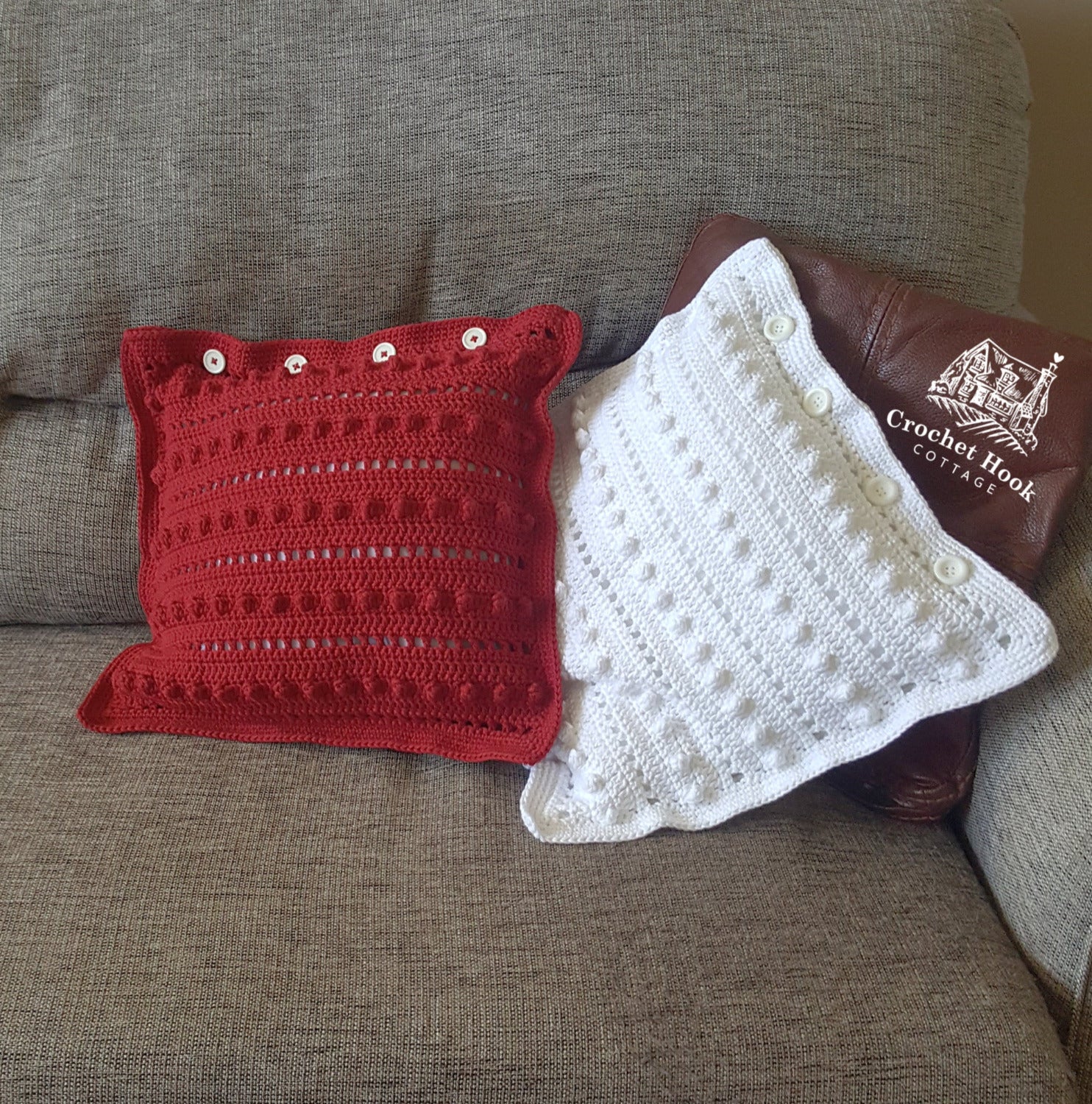 White Cotton Cushion Cover "String of Pearls" - www.crochethookcottage.com