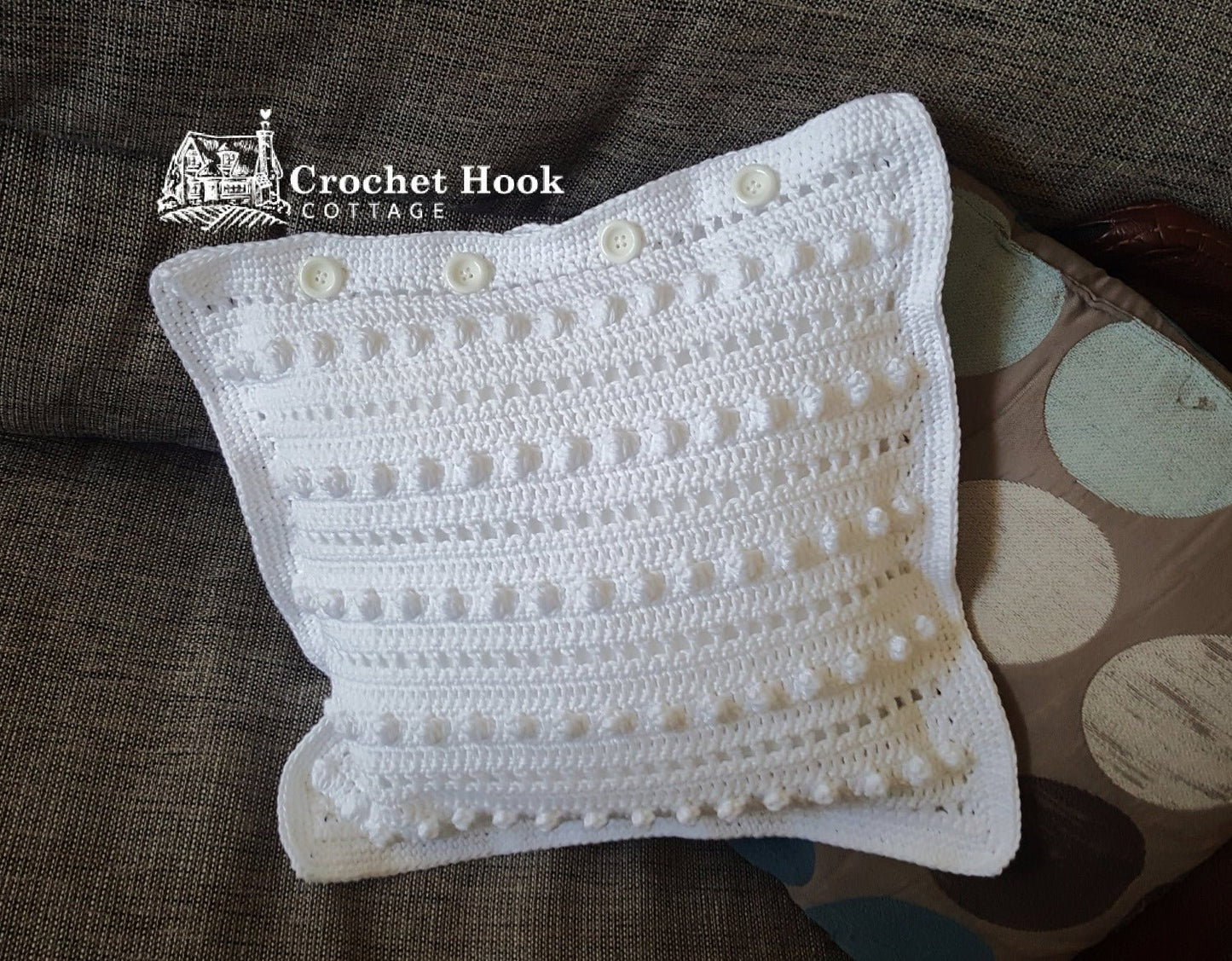 White Cotton Cushion Cover "String of Pearls" - www.crochethookcottage.com