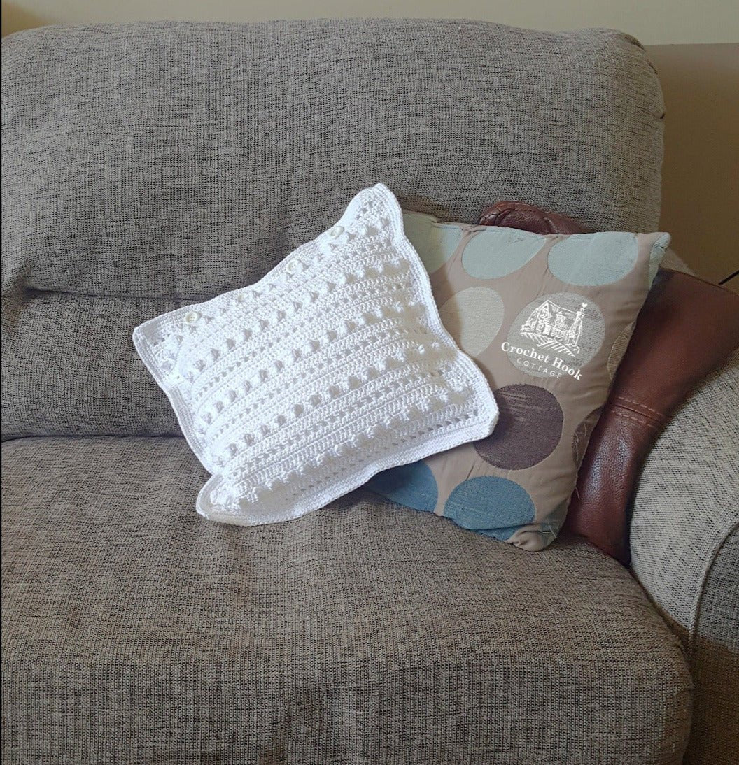 White Cotton Cushion Cover "String of Pearls" - www.crochethookcottage.com