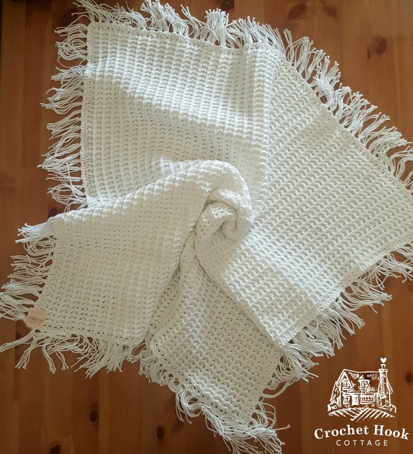 White Fringed Waffle Baby Blanket - www.crochethookcottage.com