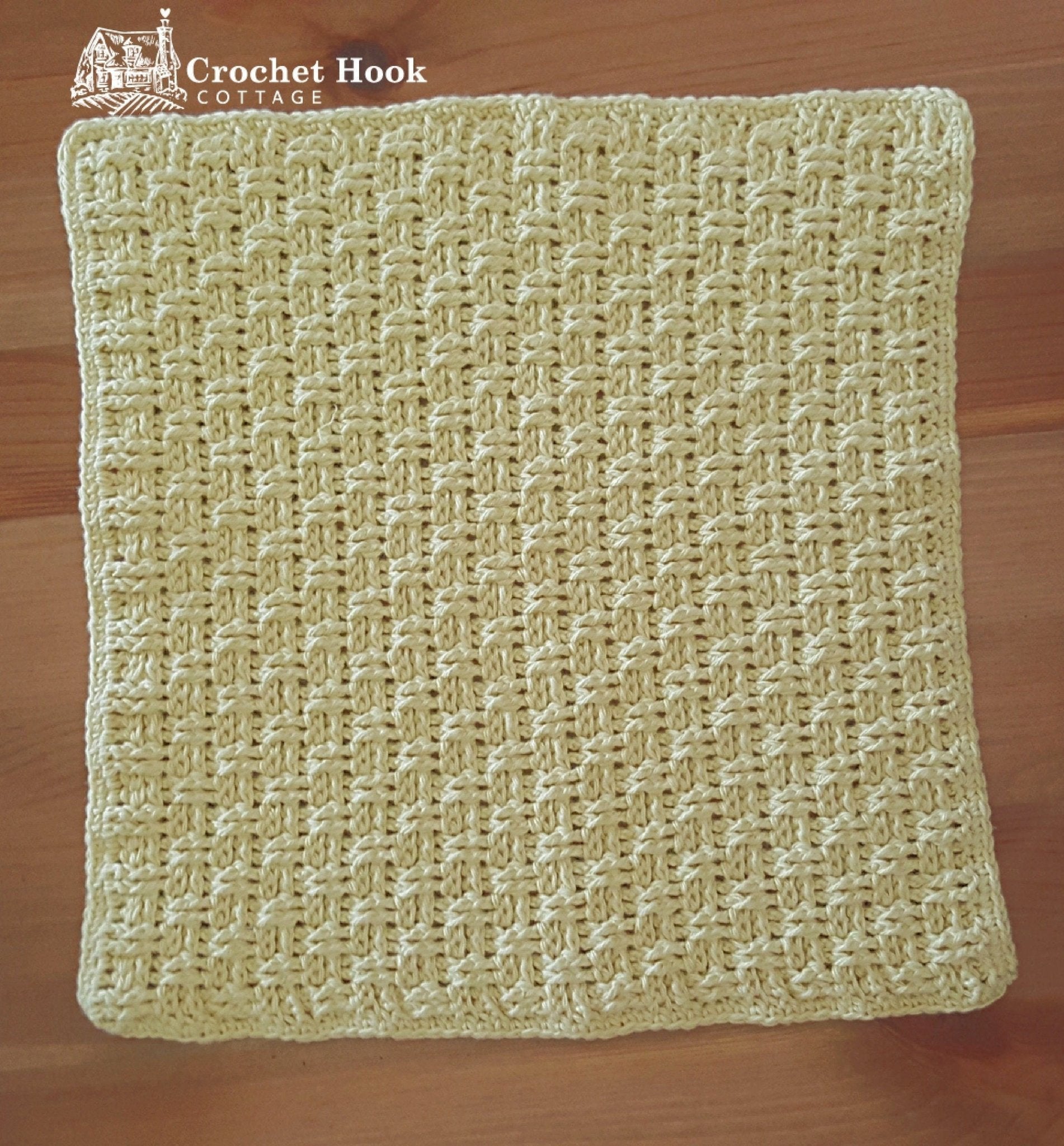 Yellow crocheted cotton Basketweave pattern Cleaning Cloth - www.crochethookcottage.com